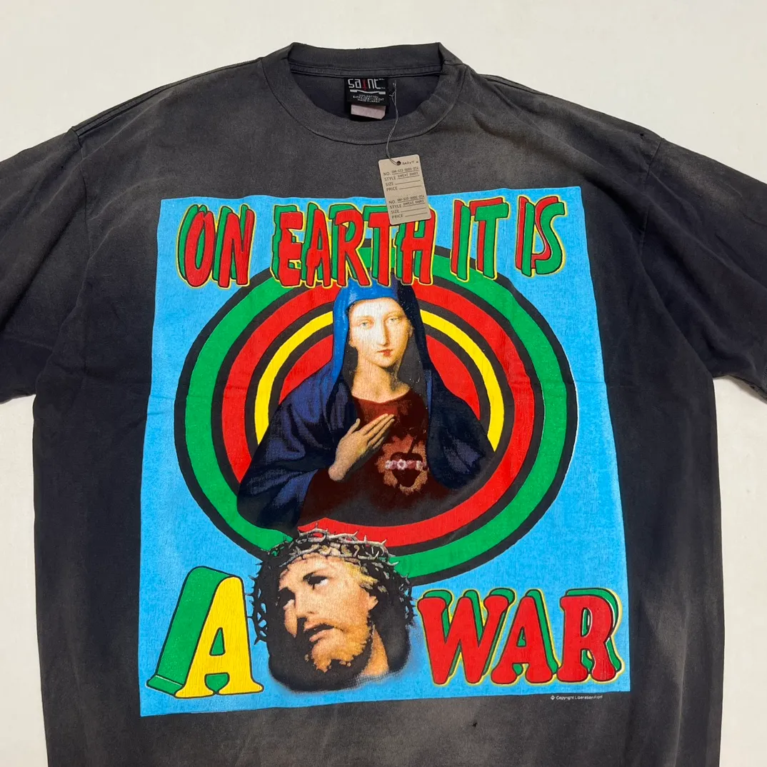 SAINT MICHAEL SS TEE/ON EARTH/BLK Jesus, Mary, Holy Infant Earth TEE Ready-to-wear Assut special piece dyeing, washed and distressed Vintage process, front and rear super complex super large printing, top purchasing agent technology